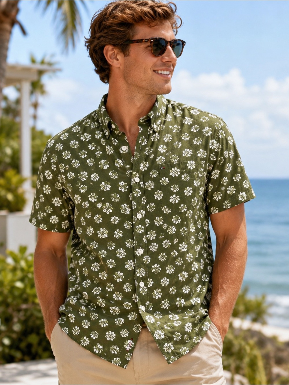 Tommy Hilfiger Olive Green Floral Short-Sleeve Button-Down Shirt